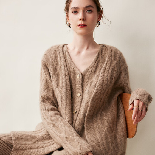 SENLIYA international light luxury high-end cashmere sweater baby small cashmere knitted cardigan women's loose lazy style cashmere sweater hemp khaki brown M