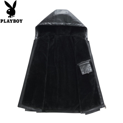 Playboy 2025 Autumn and Winter New Haining Spring and Autumn Leather Jacket Men's Hooded Leather Jacket for Young and Middle-aged Men's Velvet Thickened Jacket Black Velvet M 52