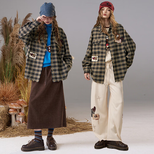 Fairy's Pocket Retro Fun Embroidered Plaid Shirt Women's 2025 Autumn and Winter New Long Sleeve Shirt Jacket Plaid Gray M