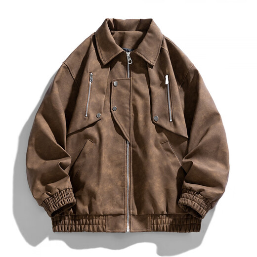 Classic car lapel retro leather jacket men's washed PU leather handsome American casual motorcycle jacket dark gray M