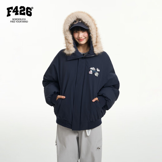 F426 national fashion brand winter new casual loose hooded simple fur collar Velcro cotton jacket navy blue M