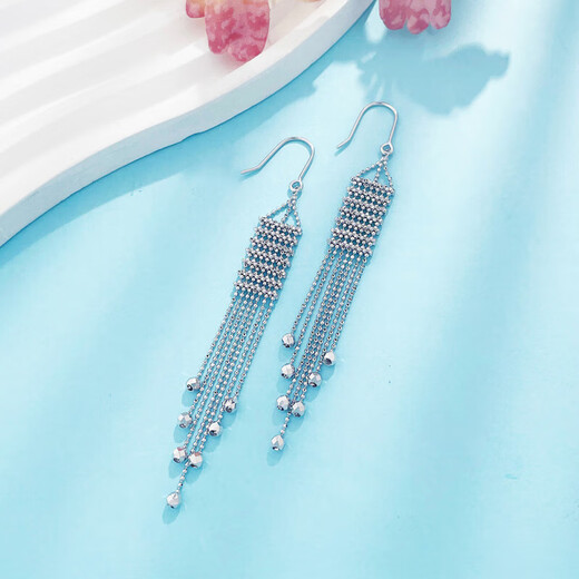 Lao Fengxiang platinum earrings pt950 lace tassel bouncy bead earrings curved hook birthday gift for girlfriend platinum jewelry platinum about 8.47g one pair