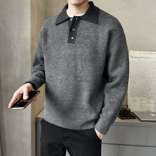 BULLDAMAN old money style sweater men's 2025 new Henry collar sweater autumn and winter trend D9018TP99 carbon gray XL