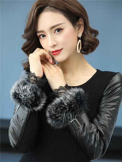 CARSEMKEITN leather sleeve bottoming shirt for women in winter with large fox fur long sleeves thickened velvet and fur down cotton sleeve sweater for women fox fur high collar whole body plus velvet S Recommended 80-95 Jin Jin equals 0.5 kg