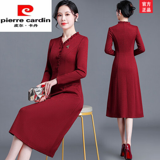 Pierre Cardin Young Mother-in-Law Wedding Dress Noble Cheongsam 2025 Dress Can Be Weared in Autumn as Mother-in-law Wedding Dress Red 2XL (Suitable for 126-135 Jin Jin equals 0.5 kg)