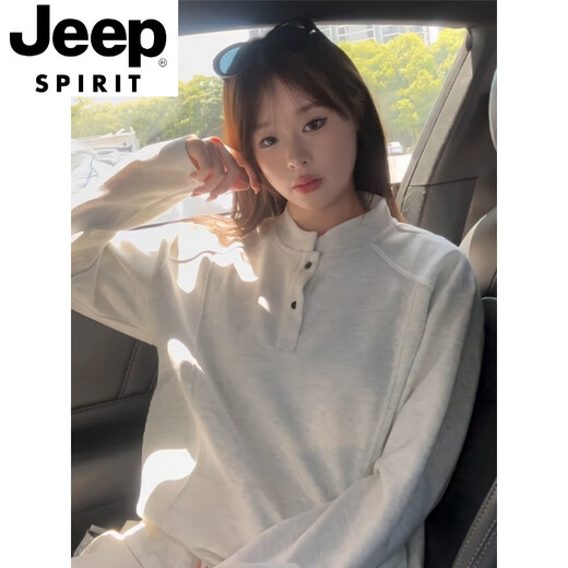 JEEP SPIRIT light gray Henry collar heavy long-sleeved t-shirt for men and women early autumn structured splicing polo shirt high-end couple sweatshirt light gray M recommended 100-115Jin Jin equals 0.5 kg