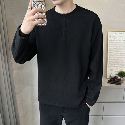 Henry collar long-sleeved T-shirt for men 2023 new spring and autumn style autumn clothes button solid color textured bottoming shirt sweatshirt for men Gray Apricot L Recommended 115-135Jin Jin is equal to 0.5 kg