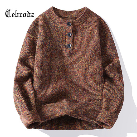 Cebrodz French sweater men's autumn and winter American retro Henry collar half-cardigan sweater warm tops sweater red 3XL