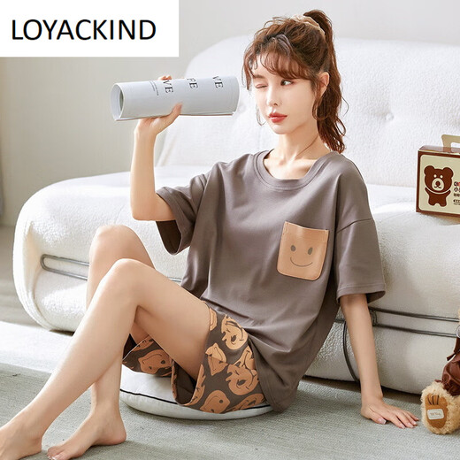 LOYACKIND Pyjamas pour Femmes Été Coton Mince Mignon Style Coréen Étudiant à Manches Courtes Deux-Pack Printemps et Automne Lâche Été Vêtements de Maison Marron GXT6636 Couleur de l'image XL (Recommandé 115-130 Jin Jin équivaut à 0,5 kg)