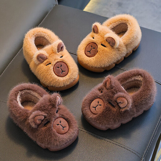 Kapibara children's cotton slippers, girls' winter cartoon cute non-slip soft-soled slippers, baby slippers, upgraded environmentally friendly material, light coffee (heel included) 12, 32/33 size (shoe inner length 19CM, suitable for feet 18