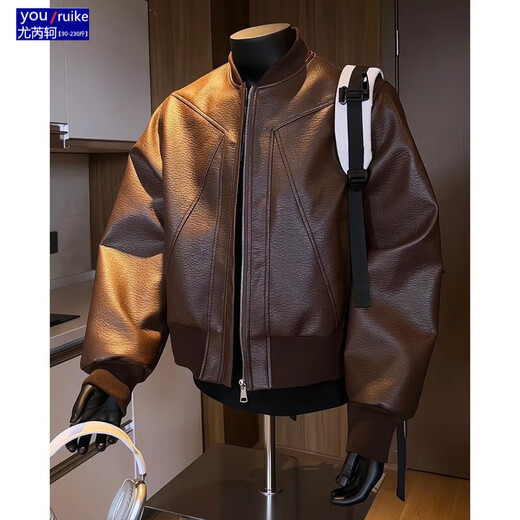 Yu Ruike American deconstructed short leather jacket men's handsome motorcycle baseball uniform trendy workwear bomber jacket black M 90-110Jin Jin is equal to 0.5 kg