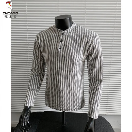 Woodpecker (TUCANO) small fragrant herringbone pattern Henry collar long-sleeved T-shirt men's autumn American chenille heavyweight sweatshirt inner layering shirt black 2XL 150-165Jin Jin equals 0.5 kg