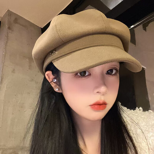 Wine Style Senior Korean Style Autumn and Winter Women's Beret Women's Octagonal Big Head Circumference Showing Face Small Fashionable Western Style Octagonal Hat Three-dimensional Black