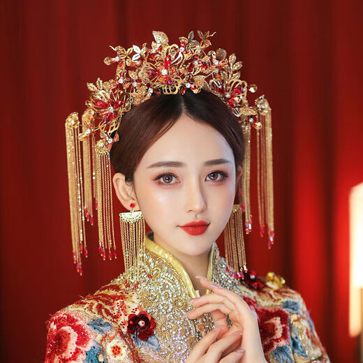 Lingchuan Xiuhe clothing headdress wedding bride tassel step shaking phoenix crown Chinese style elegant wedding simple and elegant show kimono hair accessories Xiuhe headdress set