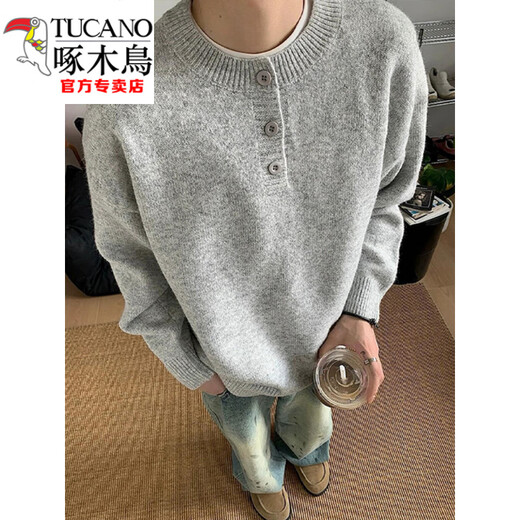 Woodpecker (TUCANO) gray American Henry collar sweater men's early autumn lazy style bottoming sweater cleanfit inner layer light gray Henry collar M