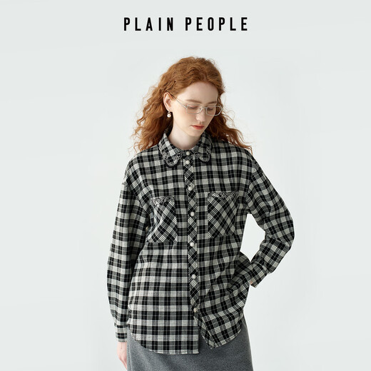 PLAIN PEOPLE Barn style retro college plaid long-sleeved shirt top for women coffee color 2025 winter new style coffee color S