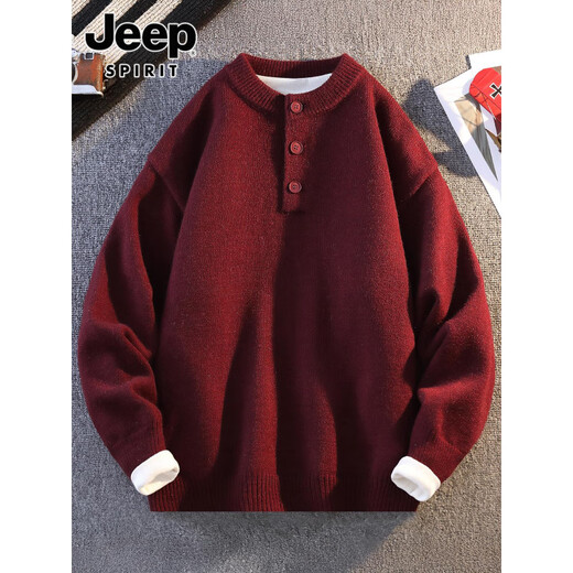 JEEP SPIRIT Jeep red sweater men's 2025 autumn and winter new casual Henry collar animal year bottoming sweater for men 76313 red 4XL 171-200Jin Jin equals 0.5 kg