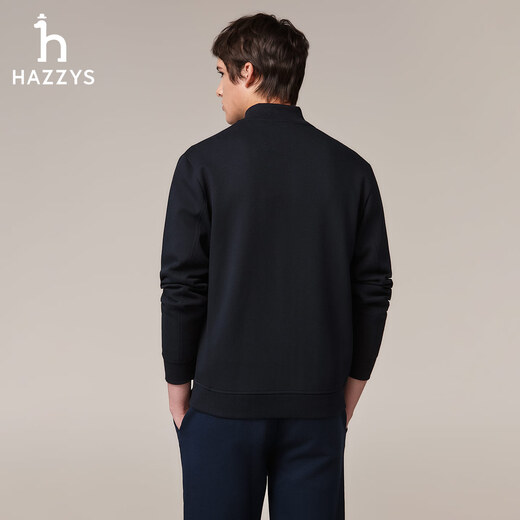 HAZZYS Men's Autumn Casual Jacket Liquid Ammonia Craft Classic Stand Collar Knitted Jacket Men ASVZU0CCX17 Dark Navy Blue DN L (175/96A 48)