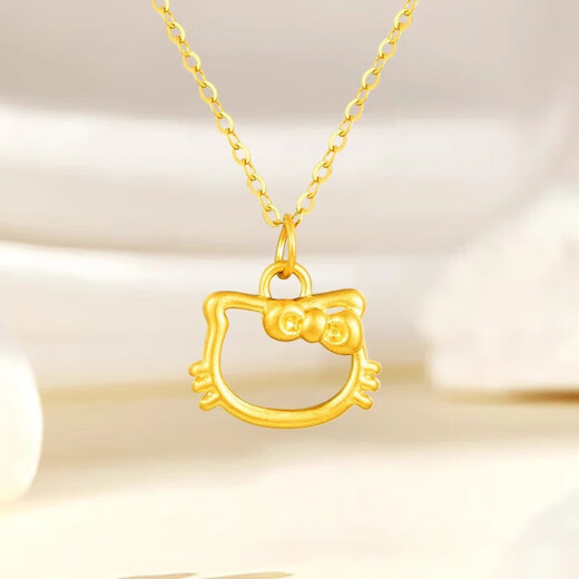 Chow Tai Fook pure gold 999 Kitty hollow cat gold pendant hellokitty bow clavicle necklace Chinese Valentine's Day gift KITTY cat paint pendant + S925 gold necklace