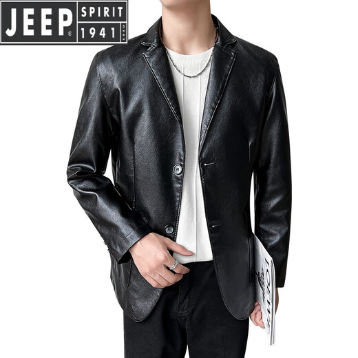 JEEP SPIRIT Jeep Haining imitation leather leather jacket men's autumn imitation sheepskin suit jacket slim casual single leather suit jacket black 2XL