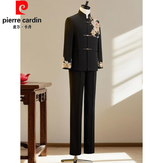 Pierre Cardin New Chinese Style Xiuhe Suit Groom Mao Suit Wedding Suit Tang Suit Blazer Men's Engagement Black Toast Suit Dragon Pattern Top + Pants M Contact Customer Service for Size