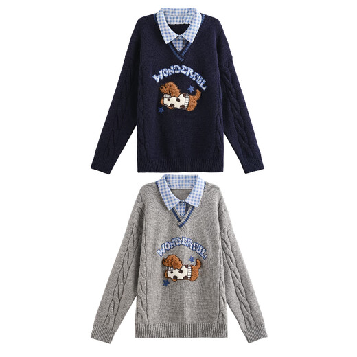 Mori Girl Tribe Mori Girl Tribe College Style Cartoon Embroidered Pullover Sweater Women's New Fake Two-piece Design Warm Sweater Winter Blue Sweater M