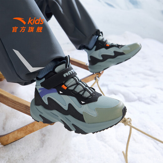 ANTA children's cotton shoes for men and women, big children, autumn and winter, new leather surface, waterproof, non-slip, velvet and Velcro outdoor high-top snow boots, recommended by the store manager, gray/black/slightly smoked green-6 37, shoe inner length 23.5cm