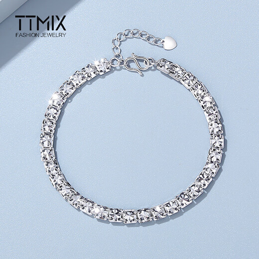 TTMIX Shiny Carved Imitation Diamond Bracelet pt950 Platinum Bracelet Women's Square Rice Platinum Bracelet Birthday Gift 7.89g 16+2cm Width 4.0mm