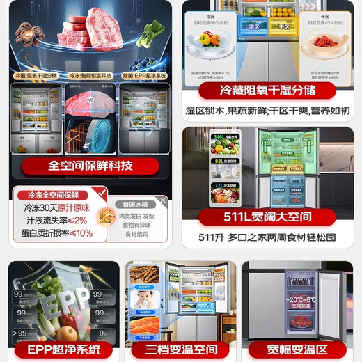 Haier refrigerator 511L cross-door full-space fresh-keeping EPP ultra-clean dry and wet storage variable temperature first-class air-cooled energy-saving household refrigerator BCD-511WGHTD19G8U1