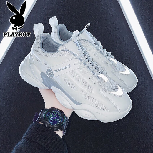 Playboy (PLAYBOY) daddy shoes men's shoes 2025 summer shoes men's casual shoes men's thick sole height-enhancing breathable sports shoes white 42
