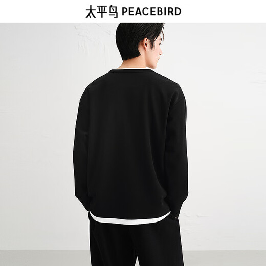 PEACEBIRD Men's T-shirt 25 Autumn New Henley Collar Heavy Long Sleeve Shirt Wide Version Fake Two-Piece Loose Bottoming Shirt Black Second Batch XL