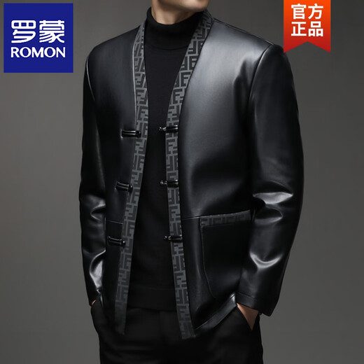 ROMON Haining Autumn and Winter Leather Men's Tang Suit Leather Jacket Velvet Thickened Chinese Style Imitation Sheepskin Jacket Black M 170
