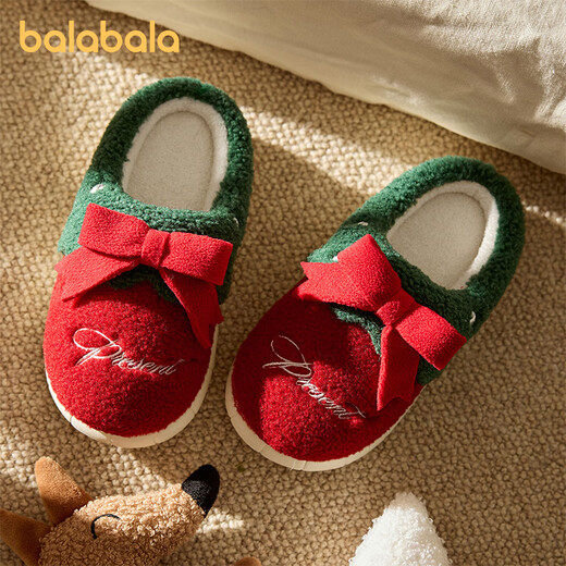 Balabala 2025 new children's cotton slippers Christmas girls' non-slip warm and cute boys' winter velvet home slippers