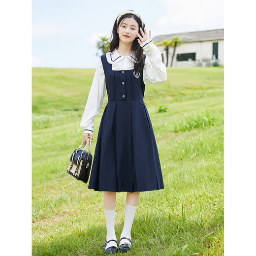 TVST light luxury brand children's clothing for girls and boys autumn new style dress fashionable and versatile girl suspender skirt for girls navy blue 130 cm