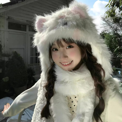 Tuzun Kitten Tail Hat Cute Cat Ears Ear Protection Plush Hat Warm Hat for Traveling and Taking Photos Women Winter Cat Ears Hat and Scarf All-in-one