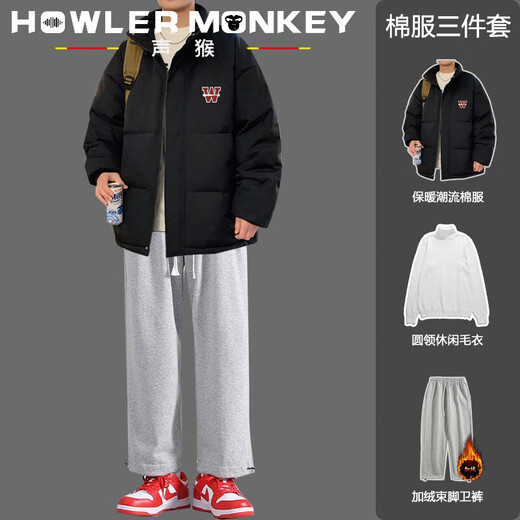 Sound Monkey Winter Thickened Cotton Warm Jacket Casual Loose Trendy Brand Boys Cotton Jacket Plus Velvet Pants Handsome Fashion Suit Dark Gray Jacket + Black Turtleneck Sweater + Black Velvet Leggings XL