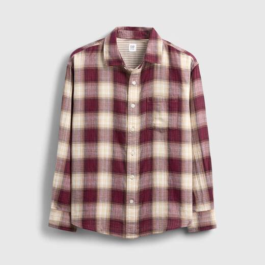Gap Boys 2025 Autumn New Cotton Flannel Plaid Lapel Shirt Children's Clothing American Version Maroon Plaid 140/72 (10-11 years old)
