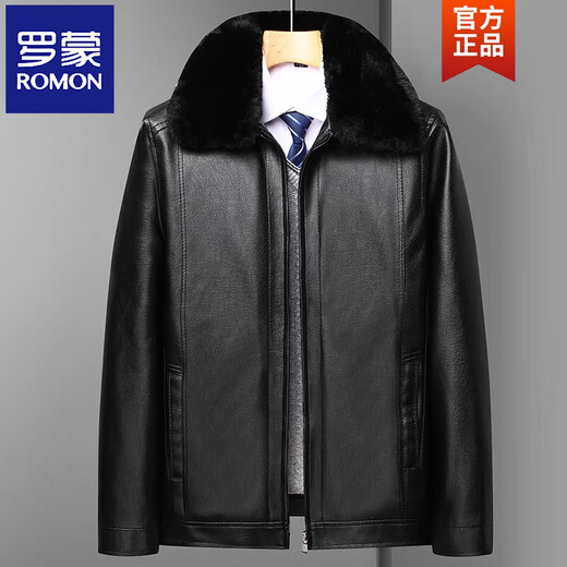 ROMON middle-aged and elderly dad winter coat fur collar 2026 new winter velvet thickened men's leather jacket black fur collar detachable XL 125-145Jin Jin equals 0.5 kg