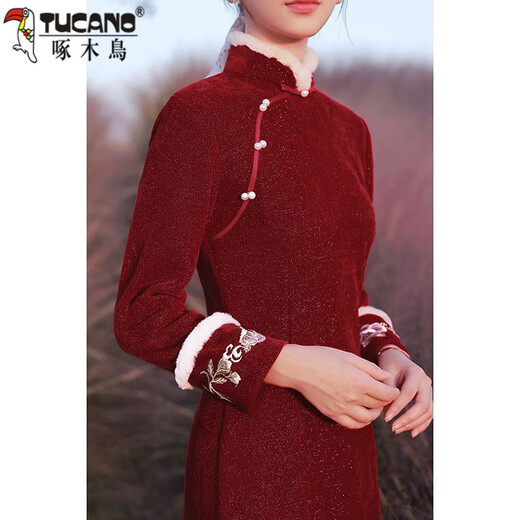 Woodpecker Red Chenille Cheongsam 2025 Winter New Thickened Long Sleeve Autumn Improved Young Style New Year's Eve Clothes Burgundy M
