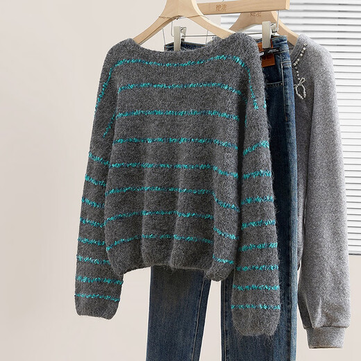 Shechihan Sheep Wool Contrast Color Striped Round Neck Sweater Women's 2026 Spring New Style Dropped Shoulder Sleeve Soft Waxy Top