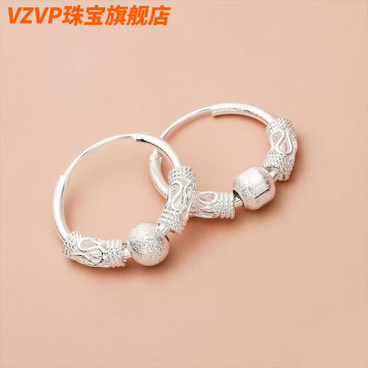 VZVP Old Phoenix Pure Silver 9999 Pure Silver Earrings Women's Wangfu Transfer Bead Earrings Simple Hypoallergenic Earrings Slimming 8.9g Premium Solid Each Person Can Only Purchase One Pair Fat Donglai