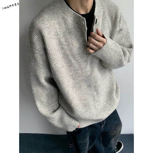 Yuexiang American retro Henry collar sweater men's winter velvet warm casual inner sweater trendy loose top Gray M