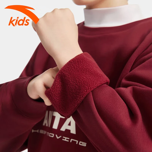 ANTA fleece children's sweatshirt men's 2025 autumn and winter new warm round neck pullover middle and large children's sportswear casual tops ivory white-winter fleece 165 cm