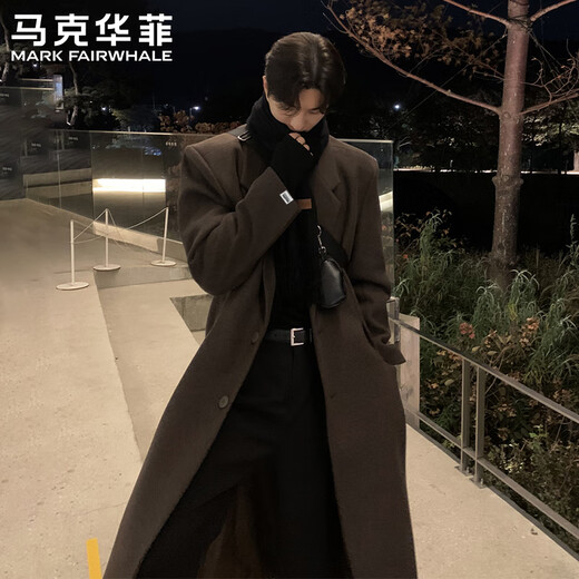 Mark Huafei Woolen Coat Men's Autumn and Winter New Korean Style High-Quality Medium-Length Shoulder-Pad Windbreaker Over-the-Knee Loose Woolen Coat Black (Cotton Style) L 132-150Jin Jin is equal to 0.5 kg