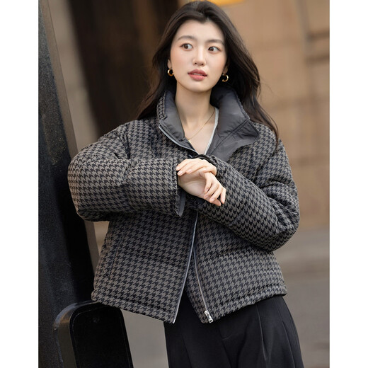 Demana двусторонняя жаккардовая куртка с узором «гусиные лапки», зима 90, утиный пух, воротник-стойка, четырехслойная короткая свободная женская куртка-пуховик