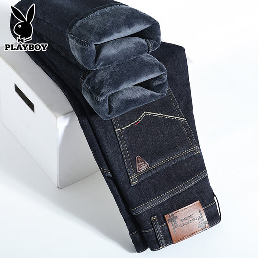 Playboy (PLAYBOY) Winter Velvet Thickened Jeans Men's Loose Straight Elastic Warm Men's Pants 2025 New Casual Pants 3399R Blue Black Velvet 32 Recommended 140-149 Jin Jin equals 0.5 kg