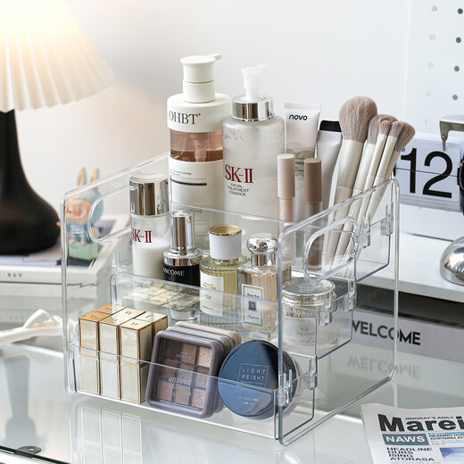 Tian丂 Stepped cosmetics storage box Desktop dressing and washbasin skin care products lipstick cabinet organizer box storage shelf Stepped cosmetics storage box three-layer storage - transparent and visible