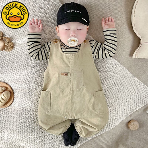 G.DUCKKIDS little yellow duck baby overalls striped T-shirt two-piece set male and female baby jumpsuit set outer wear children's one-piece striped T-shirt + light khaki overalls 90