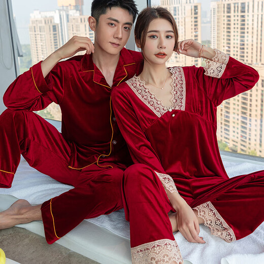 Yalu Red Couple Pajamas Wedding Suit Autumn and Winter Golden Velvet Long Sleeve One Men and One Women Flannel Home Clothes JA Style Burgundy M Women