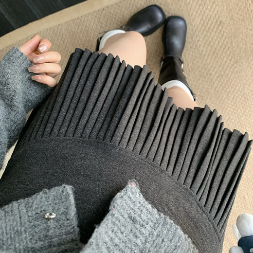 Lu Shanwu knitted pleated skirt woolen skirt anti-exposure A-line skirt women's autumn and winter versatile gray high-waisted skirt woolen pleated skirt short skirt dark gray M recommended 90-100Jin Jin equals 0.5 kg